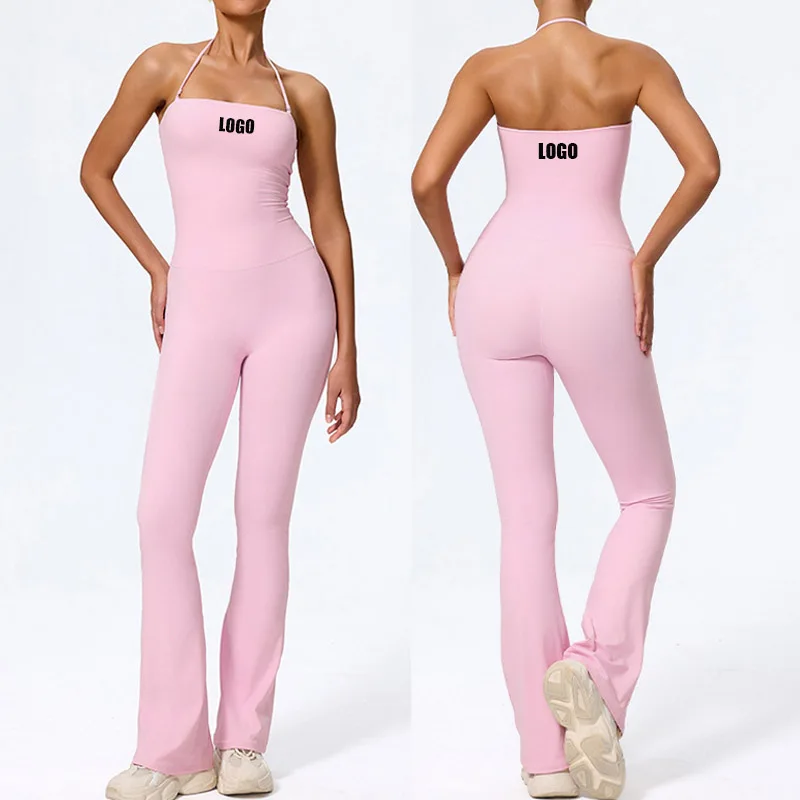 Custom LOGO women's European and American peach hip lift halterneck sports yoga jumpsuit casual brake fitness yoga clothes