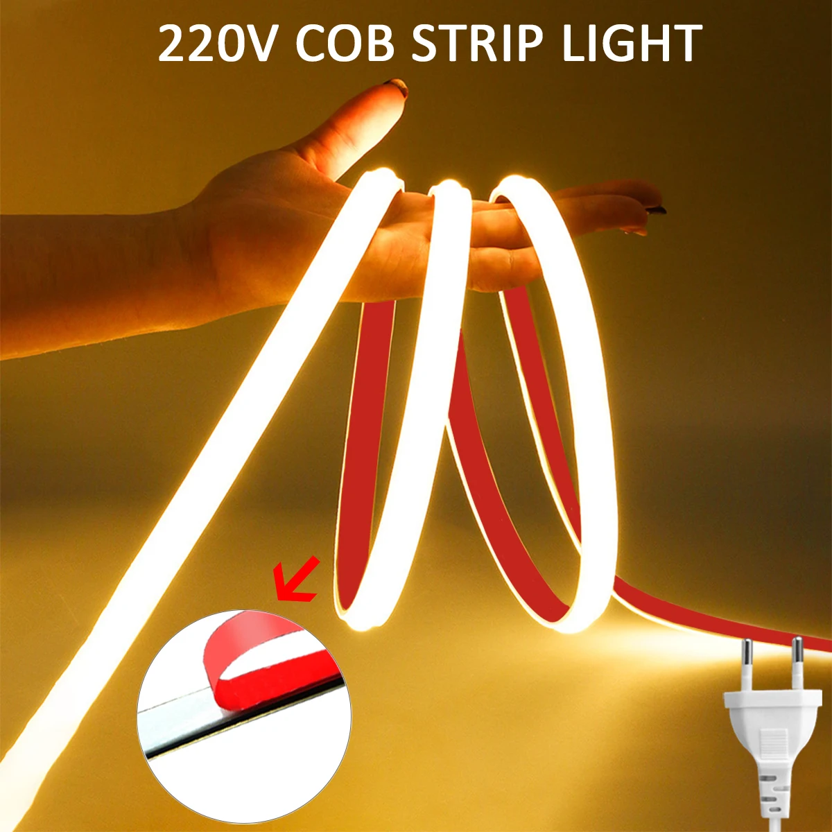 High Brightness 220V COB LED Strip Light Adhesive Waterproof Flexible Ribbon LED Tape Light for Bedroom Kitchen Outdoor Lighting