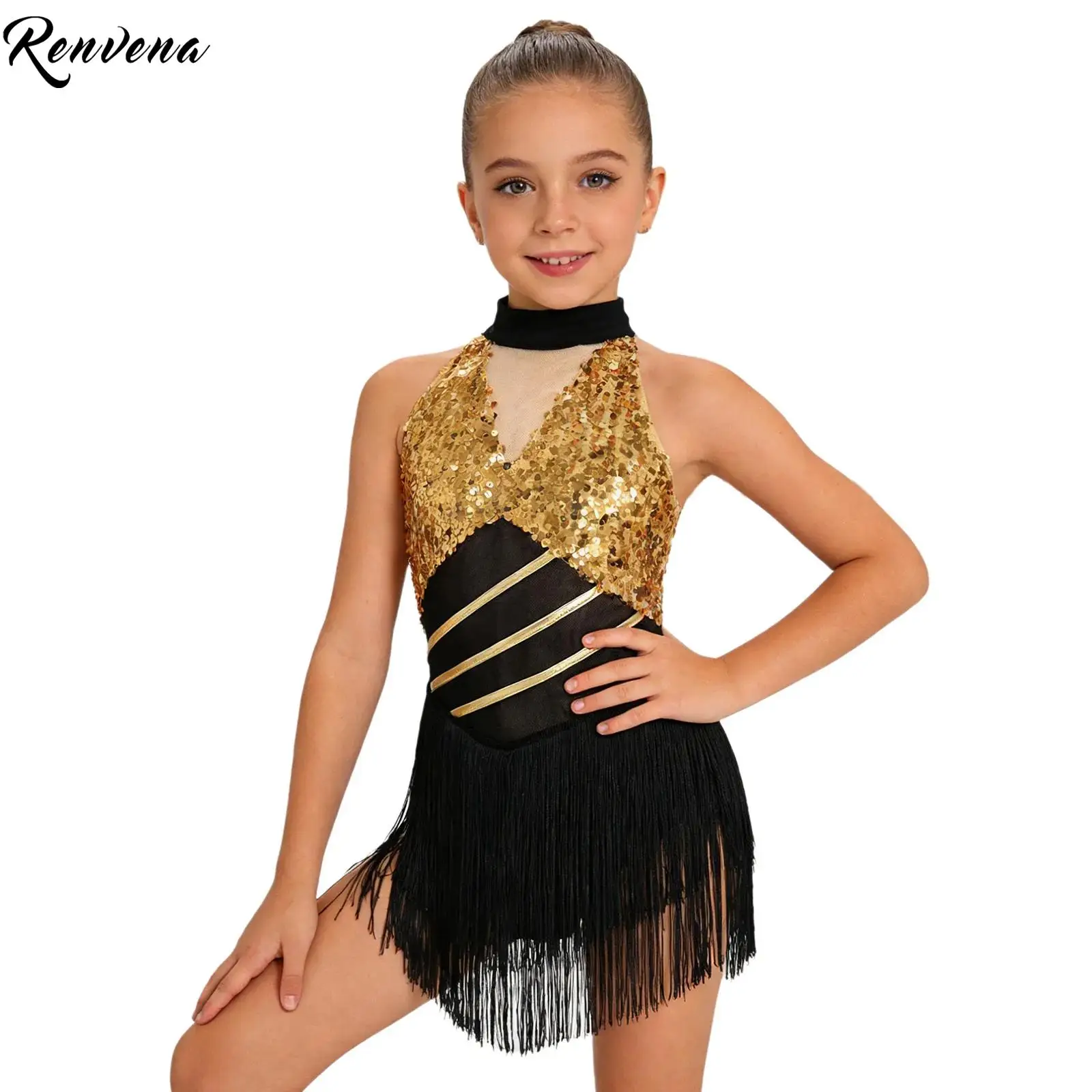 Childrens Cha-cha Salsa Latin Ballet Dance Costume Sequins Halter Sleeveless Mesh Waist Keyhole Tassels Leotard Dress for Girls