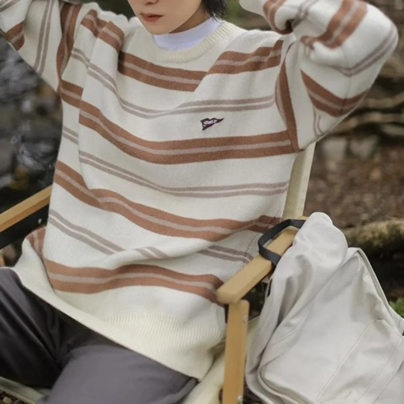 

Japanese Retro Loose Striped Sweater for Men and Women Autumn Winter Cityboy Pullover Lazy Knitted Jacket Couple Tops