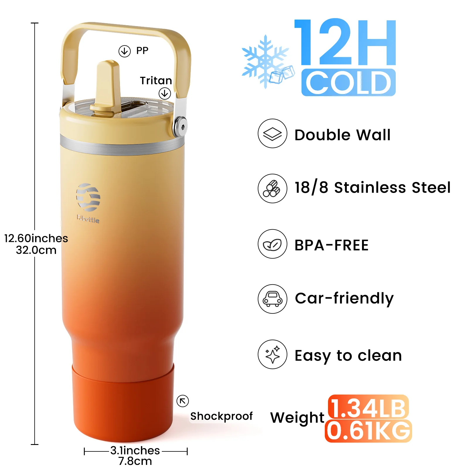 Fjbottle Vacuum Tumbler with Straw Lid，1200ml Stainless Steel Coffee Cup with Handle，Travel Mug Vacuum Flask Car Water Bottle