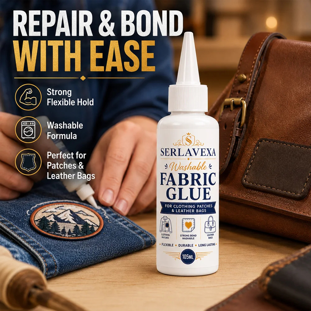 SERLAVEXA Washable Fabric Glue Permanent Strong Liquid Leather Adhesive Glue for Clothing Patches DIY Denim Repair Sealant 105ml