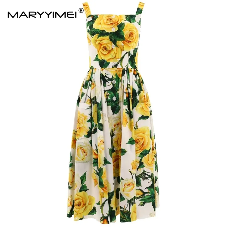 MARYYIMEI Fashion New Women's Poplin Spaghetti Stra Rose Printed Holiday High-Waisted Ball Gown Single-Breasted Sleeveless Dress