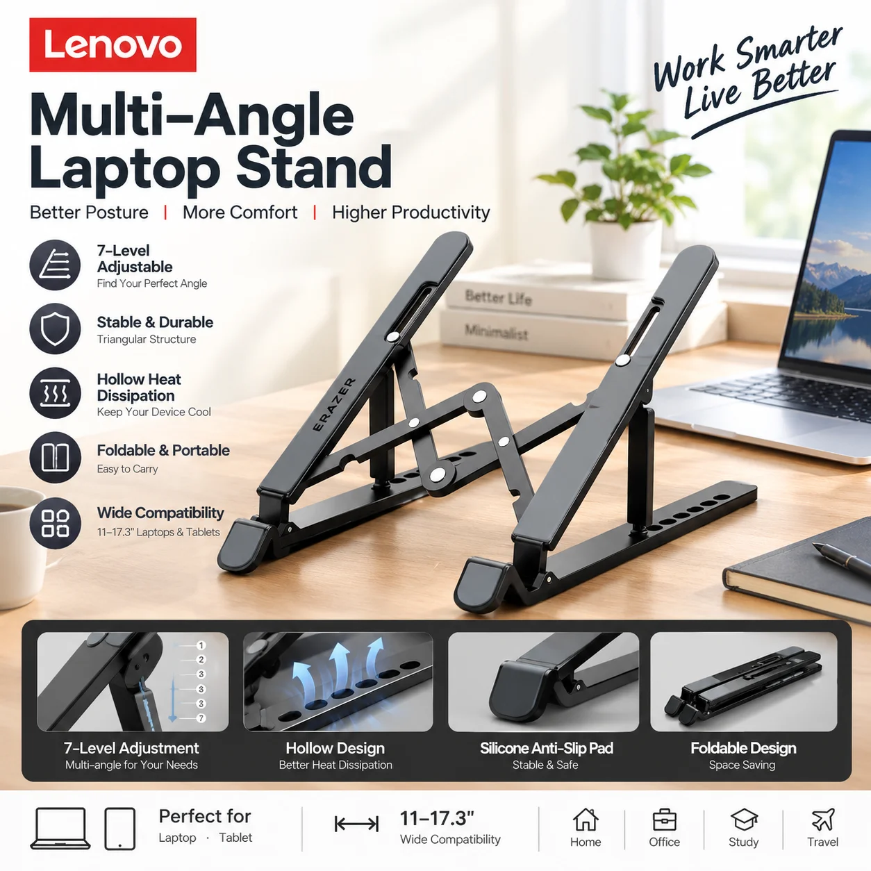 Lenovo ERAZER X1S Foldable Laptop Stand 7-Level Adjustable Aluminum Alloy Cooling Riser Anti-Slip Portable Notebook Holder