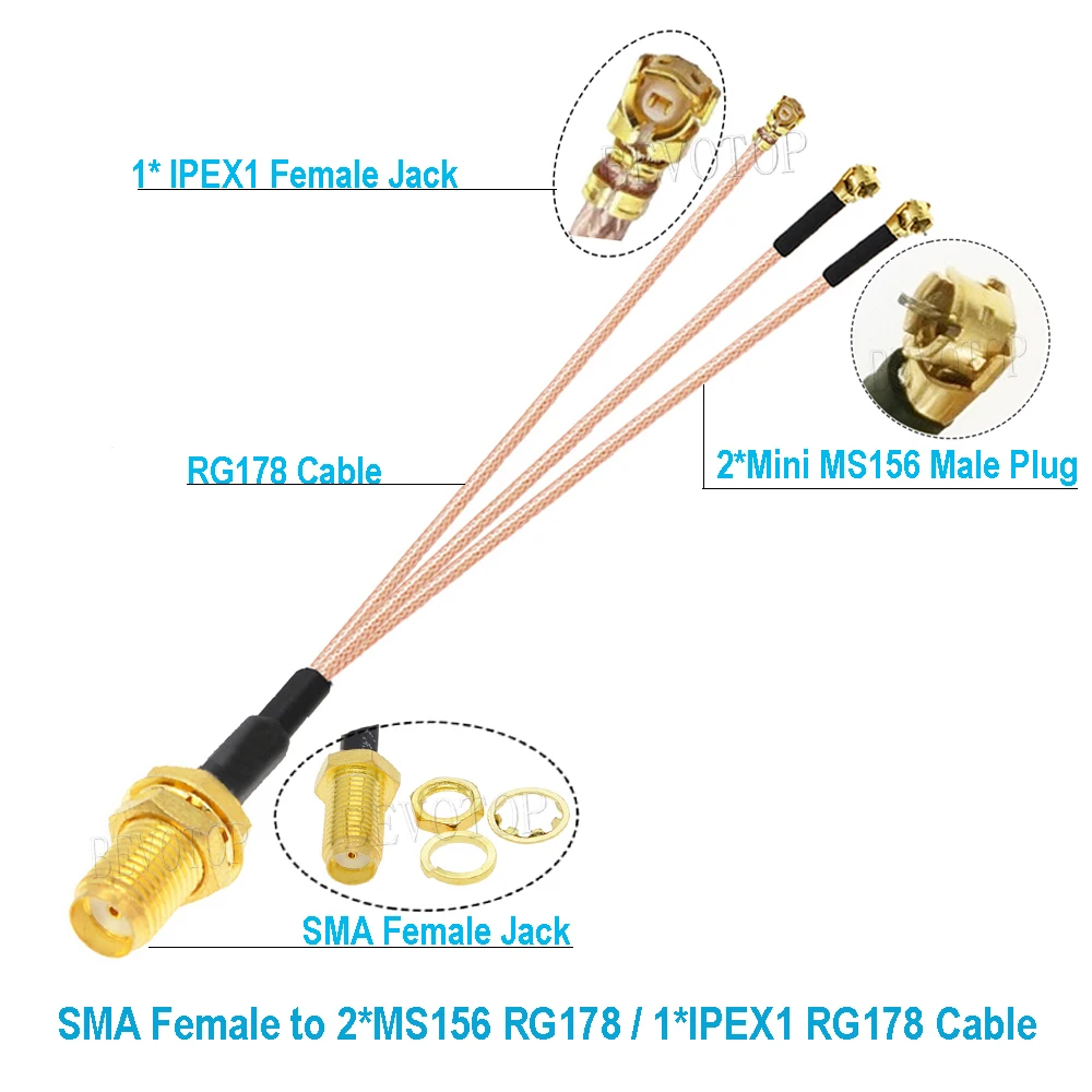 10Pcs/lot New SMA to  Splitter Cable RP-SMA / SMA Female to 2x Mini MS156 Male +1x  1 Female RG178 Pigtail Jumper