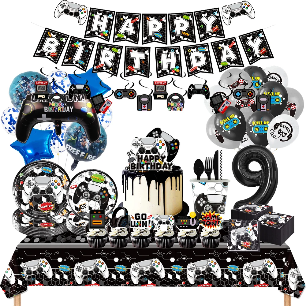 Preto e branco Game Console Controller Birthday Party Supplies, Talheres descartáveis, balões para menino, decorações de festa