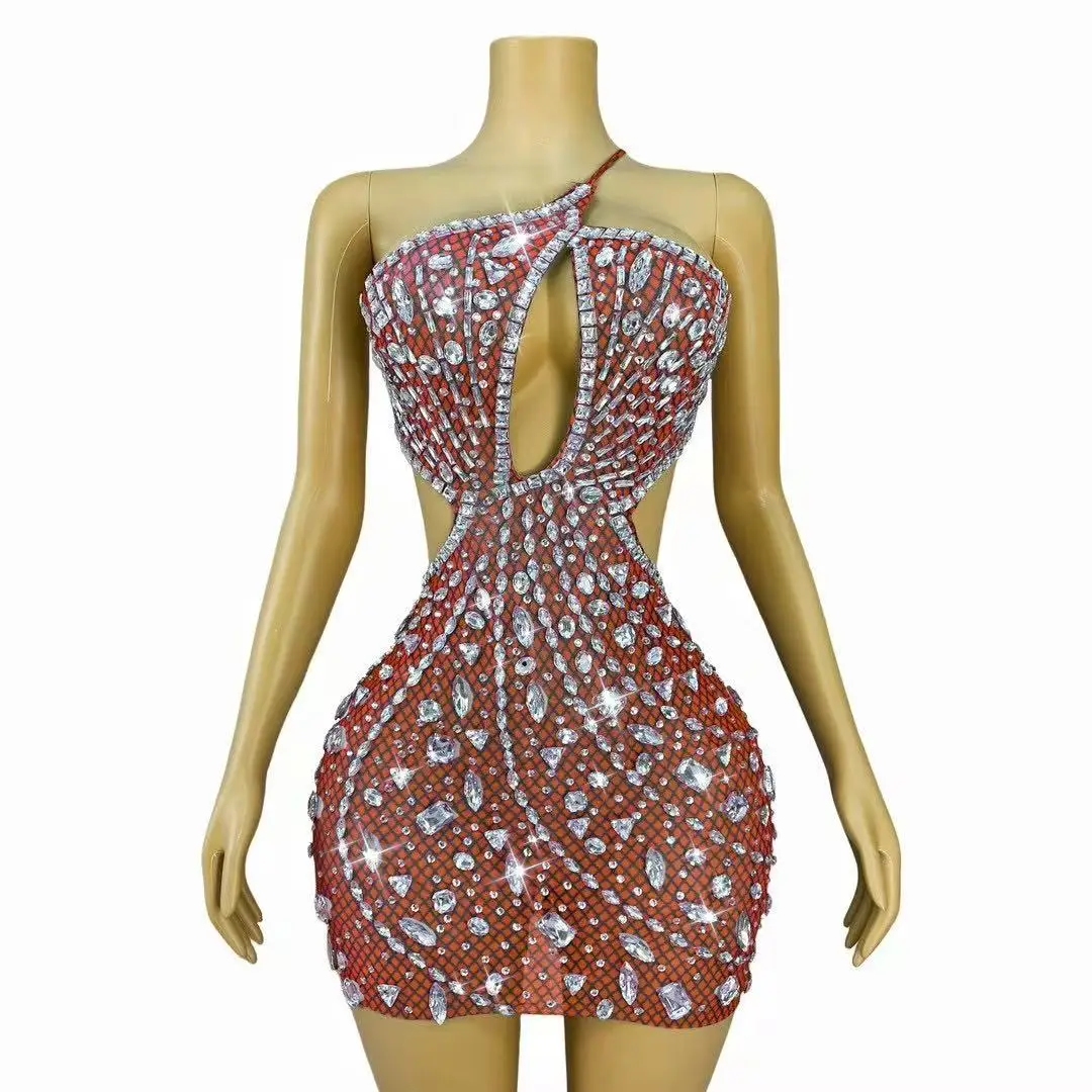 

Sparkly Rhinestones Summer Short Dress for Women Sexy Mesh Transparent Celebrate Evening Birthday Dress Photo Shoot Wear
