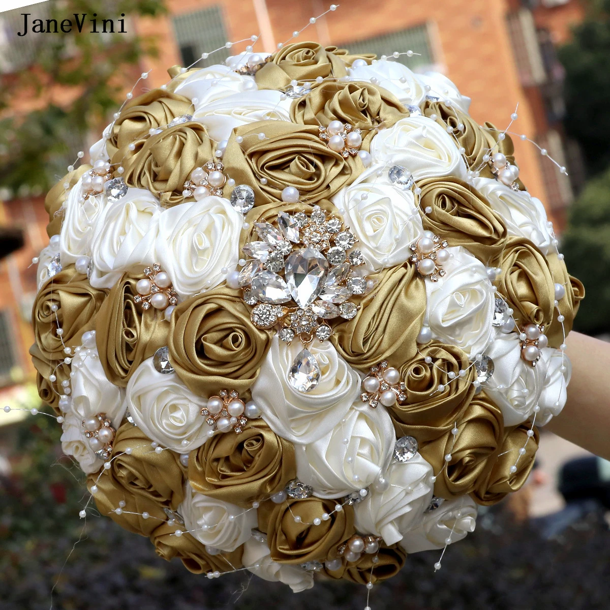 

JaneVini 2025 Luxury Gold Bridal Bouquet Flowers Wedding Accessories Rhinestones Crystal Bride Flower Ramos Para Novias Bonitos