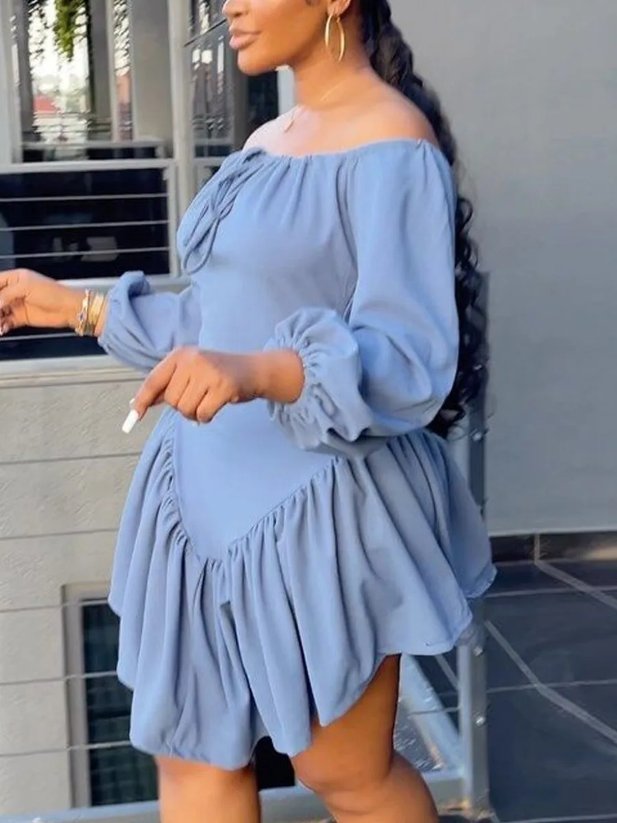 LW Plus Size dress Off The Shoulder Drawstring Ruffle Design Dress Autumn NEW sexy long sleeve dresses 2023 Casual Mini Dresses