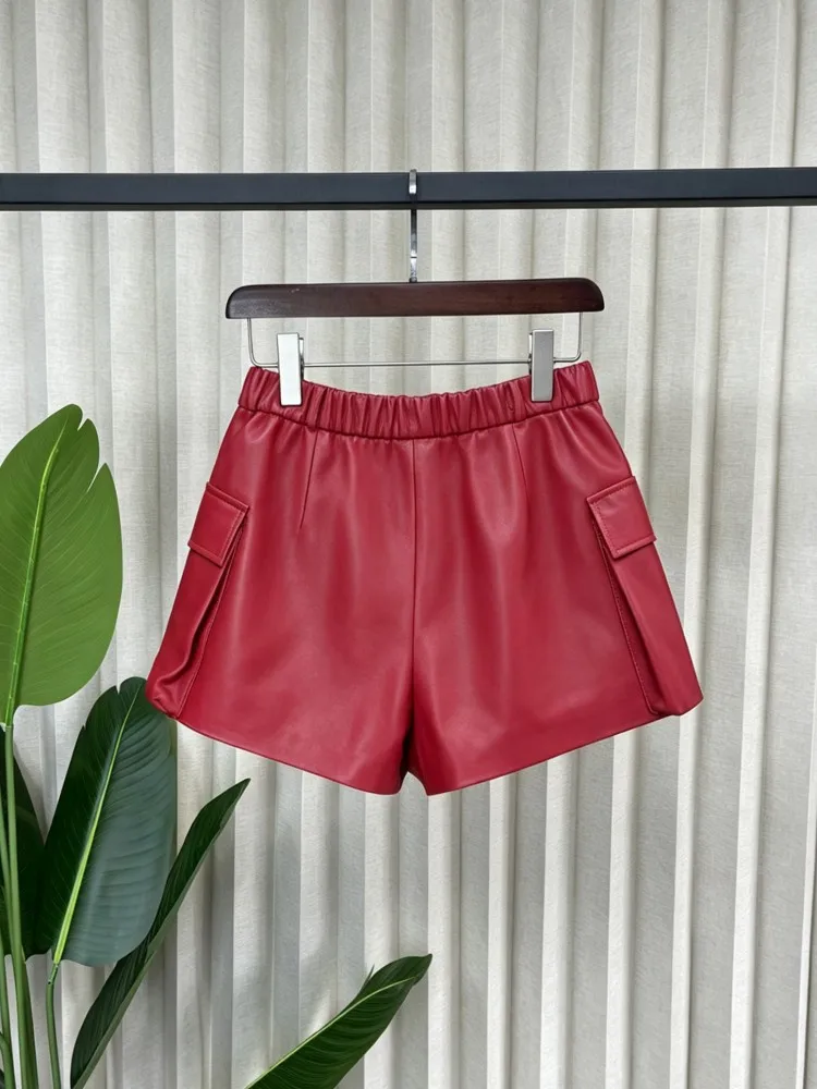 Women Red Sheepskin Above Knee Shorts Elastic Waist Casual Female Genuine Leather Shorts Wide Leg Straight Pocket Short Trousers