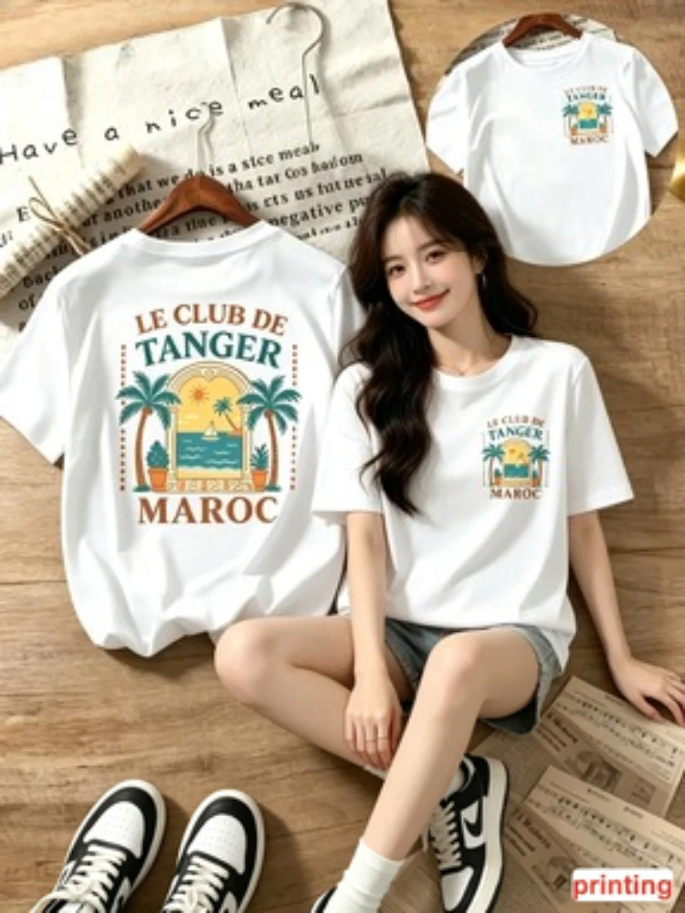 T-shirt imprimé Maroc Tanger Club, col rond, manches courtes, style rétro, pour les vacances, décontracté, pour l'extérieur, style streetwear