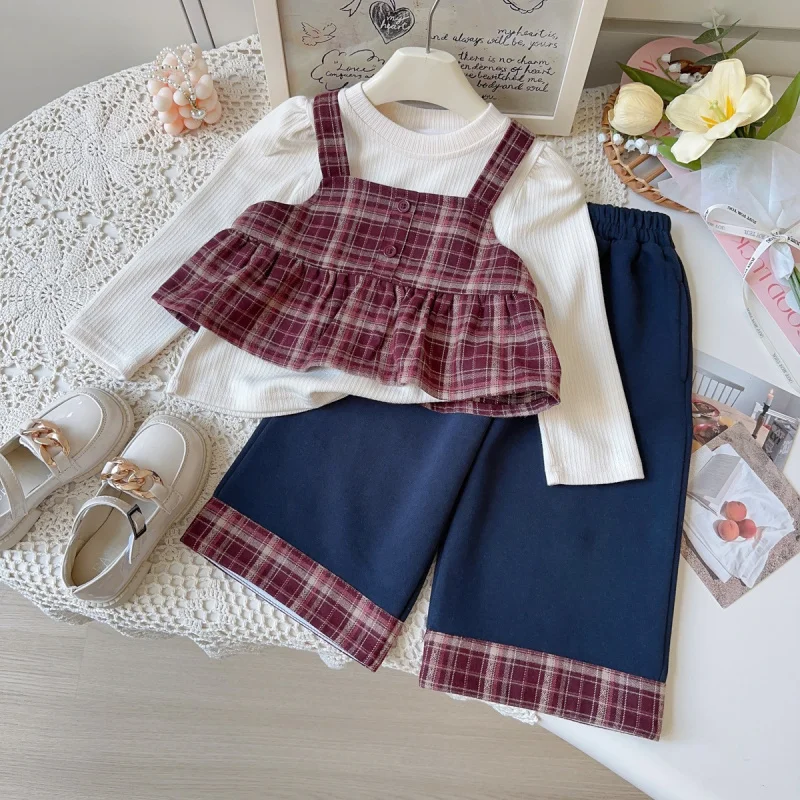 

Girls' Spring and Autumn New Outfit Set2025Vintage Plaid Sweet Camisole Tank Top Base Shirt Pants Three-Piece Set