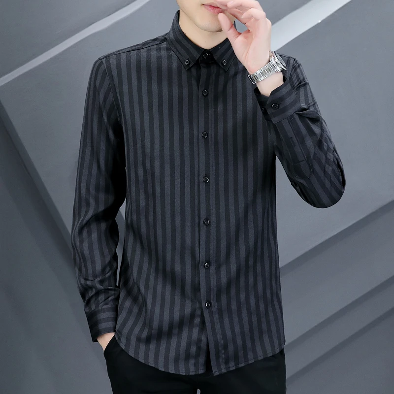 

Мужская повседневная полосатая рубашка с длинным рукавом, приталенная, модная, в корейском стиле, весна-осень, новинка, из полиэфирного волокна