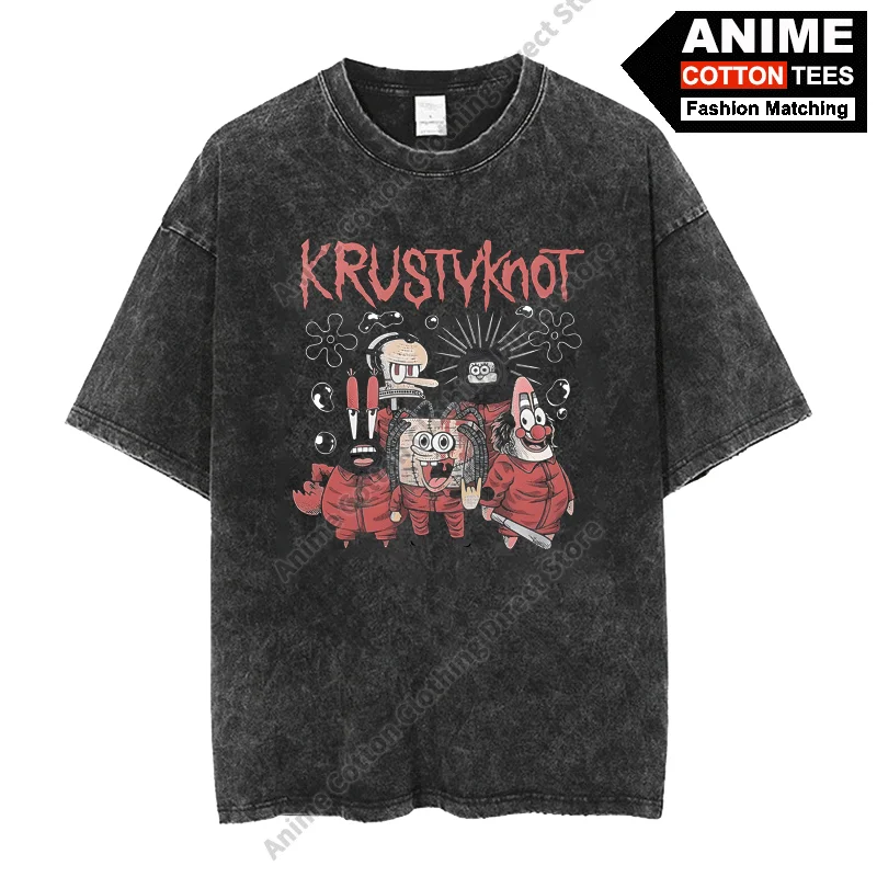 SpongeBob SquarePants -All Criminals KRUSTYKNOT Print T Shirt Cotton Washed Vintage Oversized T-shirt Street Unisex Casual Tees