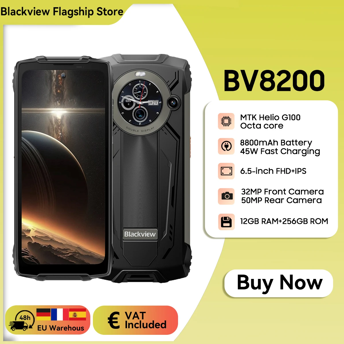Прочный телефон Blackview BV8200, 6,49 дюйма, 2,4 К, 120 Гц, дисплей Helio G100, 12 ГБ, 256 ГБ, NFC-фонарик, мобильный телефон Android 14