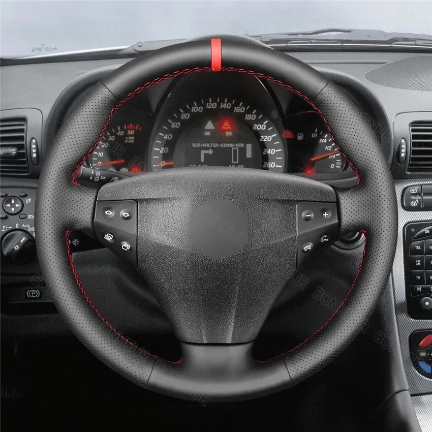 Hand Sew Black Leather Red Marker Car Steering Wheel Cover for Mercedes-Benz W203 C-Class Kompressor 2001 2002 2003 2004