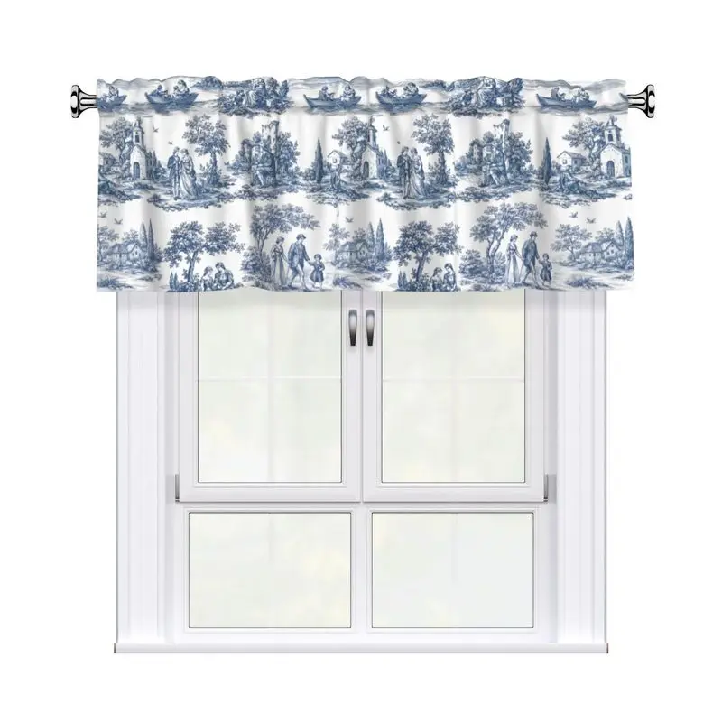 VIKAMA French Toile Valance Blue White Country Scene Figure Print Kitchen Window Curtain Valance For Living Room Bedroom Decor