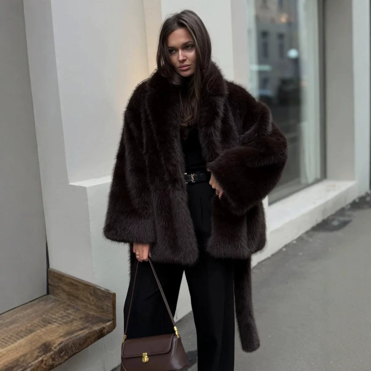 Women Faux Fur Fox Coats Jackets Turn Down Collar Mid Length Coat Thick Warm Y2k Streetwear Lace Up Tight Waist Autumn Winter