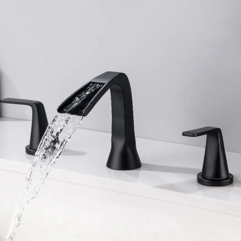 

Dumb Black Double Handle Three Hole Waterfall Bathroom Basin Tap Mix Hot And Cold Water Wash Table Basin Faucet Sink Faucet