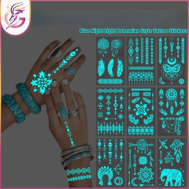 

Светящиеся в темноте богемные татуировки-наклейки, 50 шт., дизайн с синими перьями, временный боди-арт для рейв-фестивалю, темных вечеринок, лица, тела