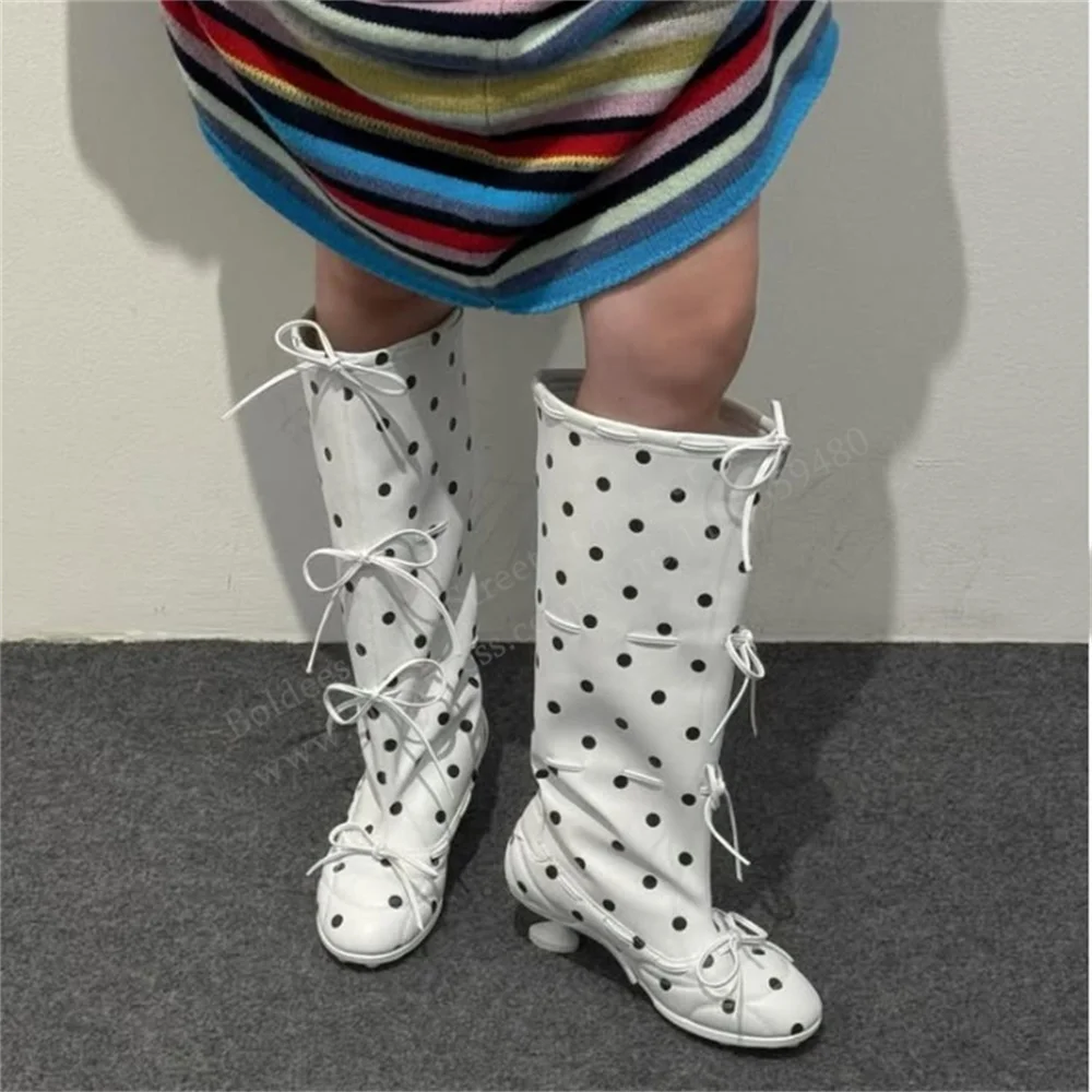 2026 New Genuine Leather Polka Dot Ballet Style Strap Boots for Women Fashion High Heels Large Tube Circumference Knee Hgih Boot