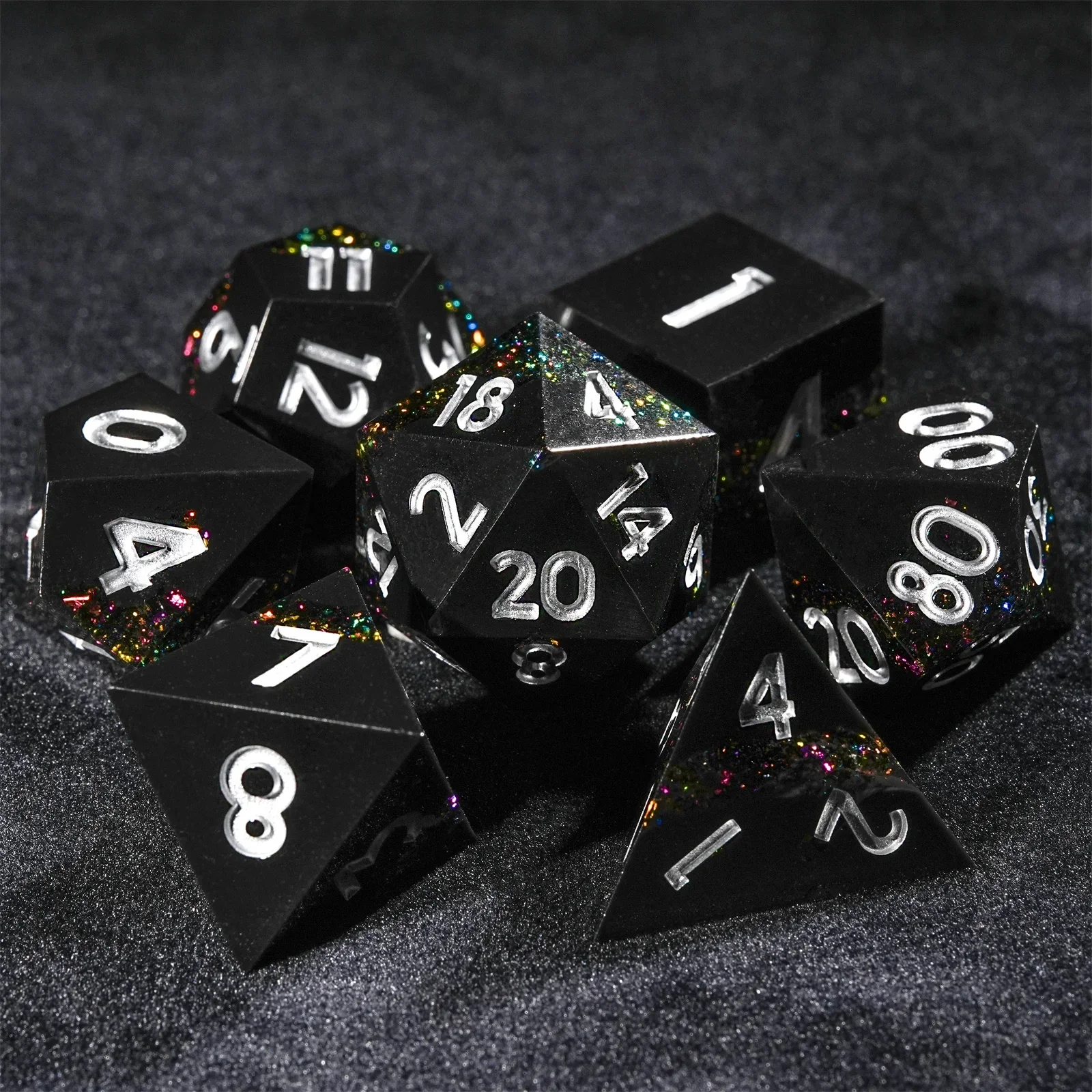 

7pcs DND Dice Resin Black Sliver Colorful Dice Set TRPG D&D Board Games Dungeons Dragons TRPG Polyhedral Digital Dice Table Game