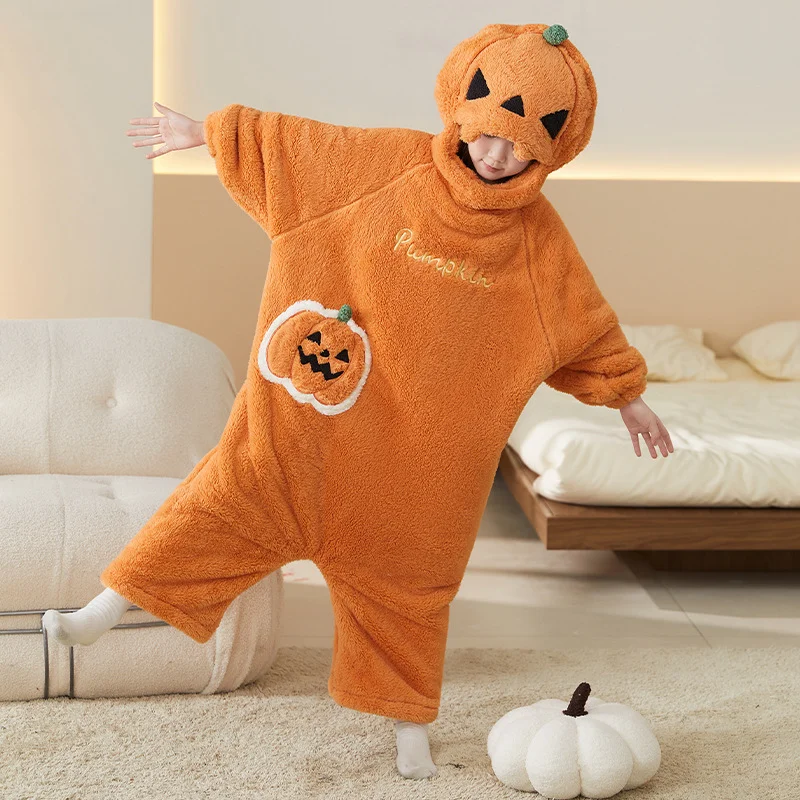 Halloween Funny Pumpkin Pajamas One-piece Cral Fleece Thick and Warm Home Wear Autumn Winter for Women