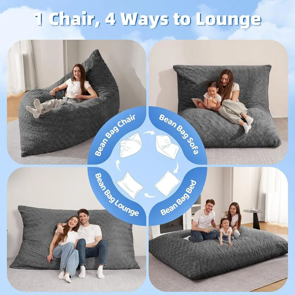 كرسي بين باج من إسفنج الذاكرة باللون الرمادي للبالغين - أريكة عملاقة مع غطاء من الفرو الصناعي قابل للغسل في الغسالة #6