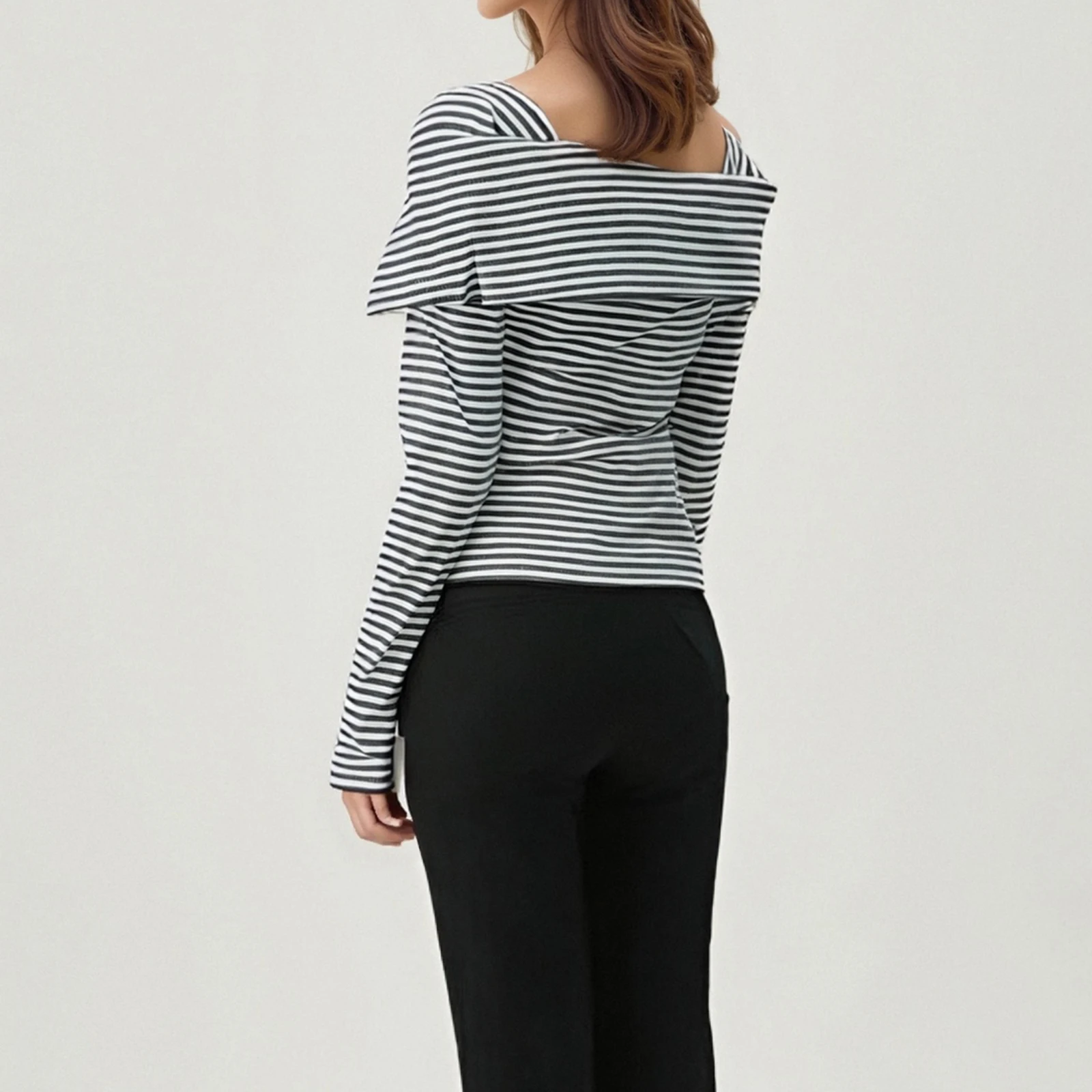 Camicie autunnali da donna a maniche lunghe con spalle scoperte, vestibilità slim, a righe, per uscire, con strato base alla moda