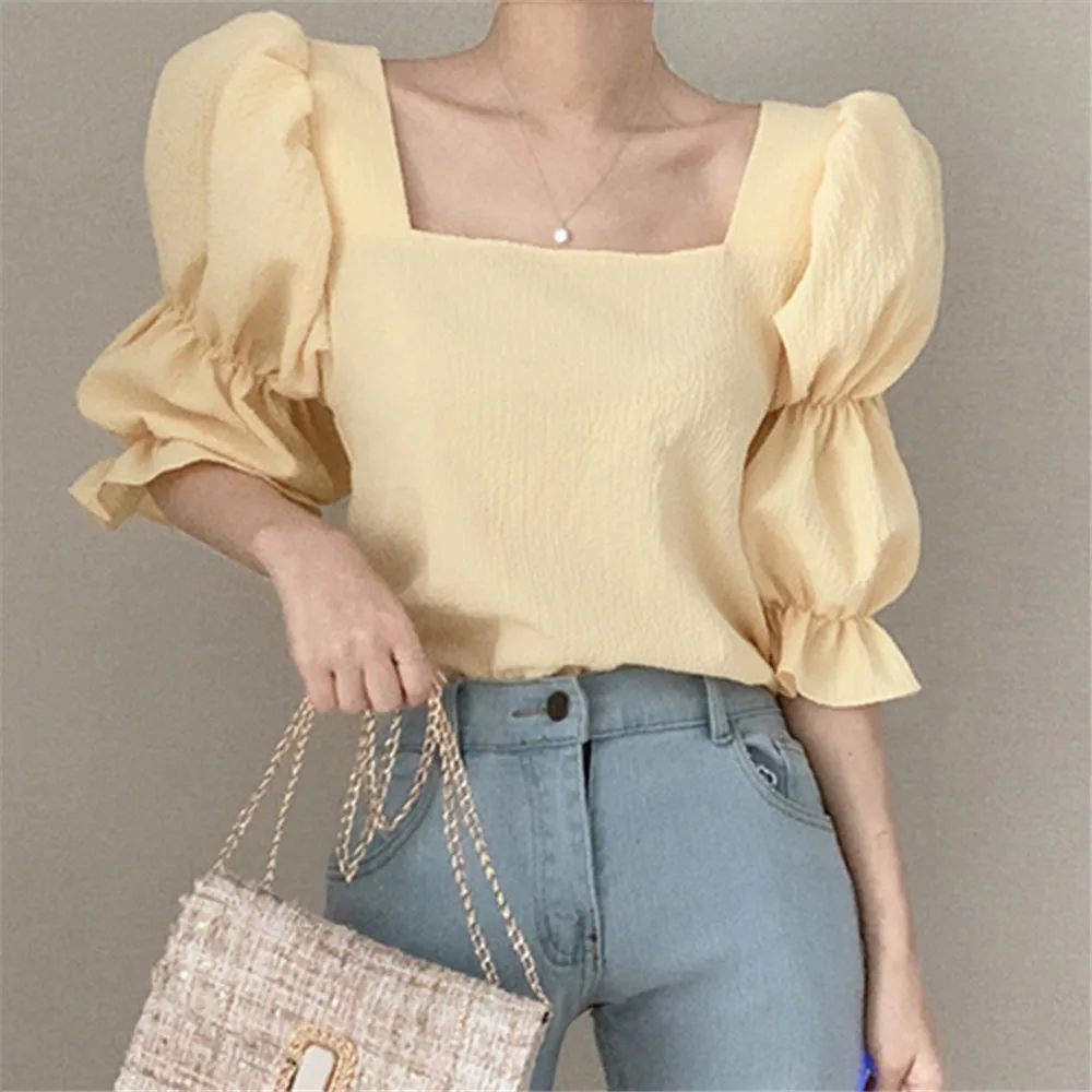 Woman ClothingSlim-Fit And Slim Chiffon Shirt For Women, Collarbone Pleated, Square Collar, Bubble Sleeve, Summer, New, 2024