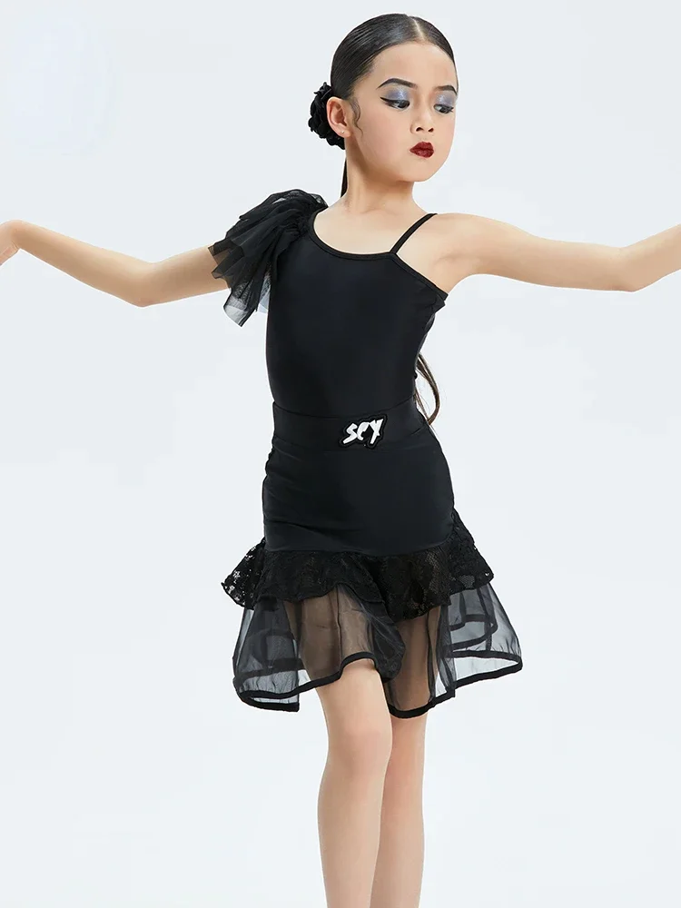 Black Samba Cha Cha Ballroom Latin Dance Costume Girls Child Rumba Dance Skirt Tango Dance Clothes Stage Competition Dress Kids