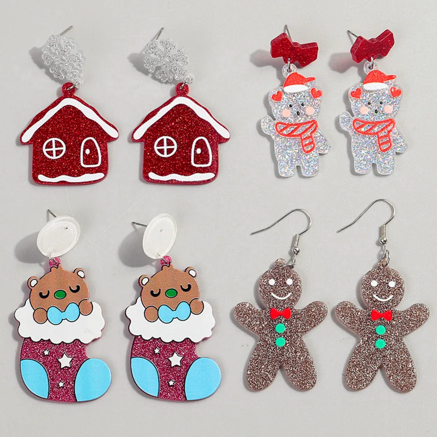 

Glitter Cute Christmas Sock Bear Acrylic Earrings for Women New Cartoon Gingerbread Man Snowhouse Drop Earring Xmas Jewelry Gift