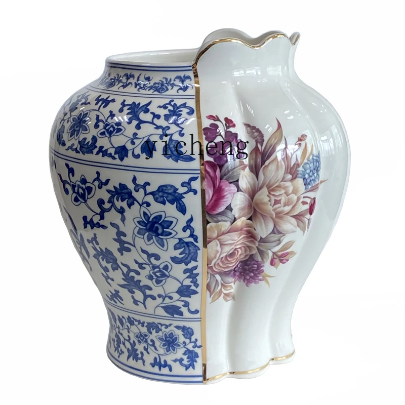 r8.14-Chinese and Western Style Blue and White Porcelain Rose Home Decor Vase Barrel Scroll Jar