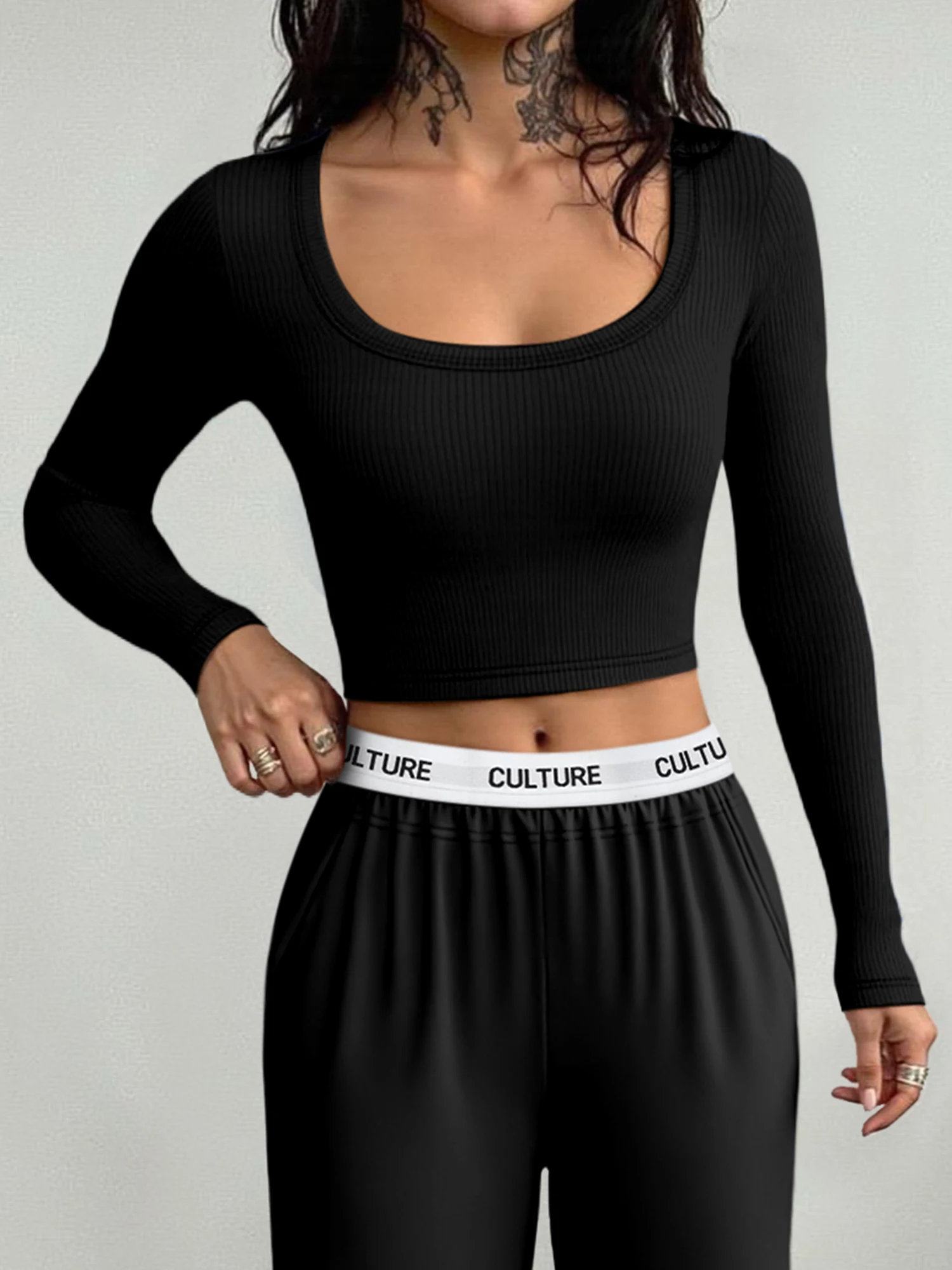 All-Season Light Training Crop Blouse, Long Sleeve Square Neck Slim Top for Daily Warm-Ups & Leisure Exercise