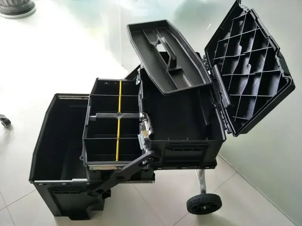Precio al por mayor, kit de caja de herramientas de plástico cuatro en uno, carrito de mano estilo Stanley Fatmax, cajón apilable, caja de herramientas con ruedas, superventas
