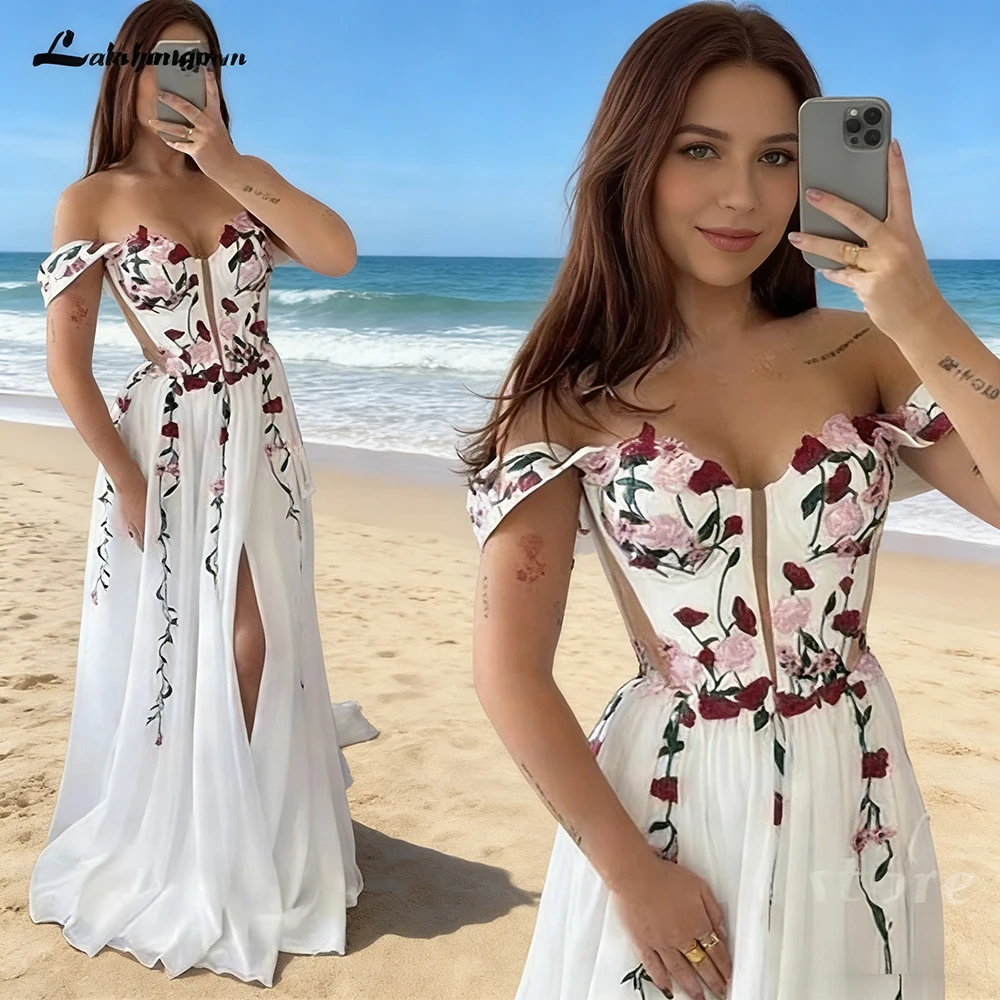 Lakshmigown Schulterfreies Blumen-Hochzeitskleid mit Seitenschlitz, bodenlang, A-Linie Abendkleid, maßgeschneidert – Detail 5