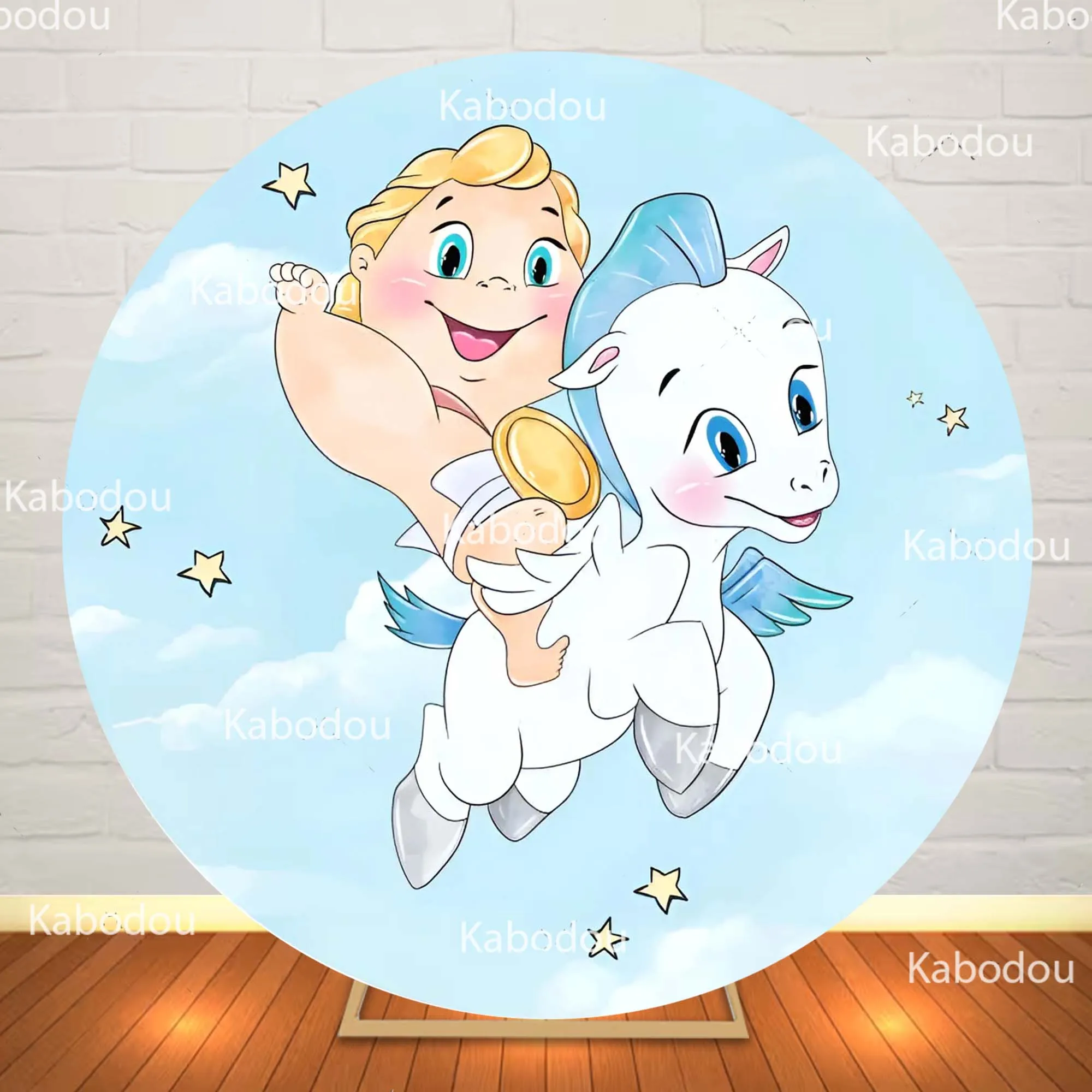 Hercules Baby Blue Backdrop Round Boy Birthday Party Baby Shower Photography Background Decor Cylinder Cover for Photo Booth