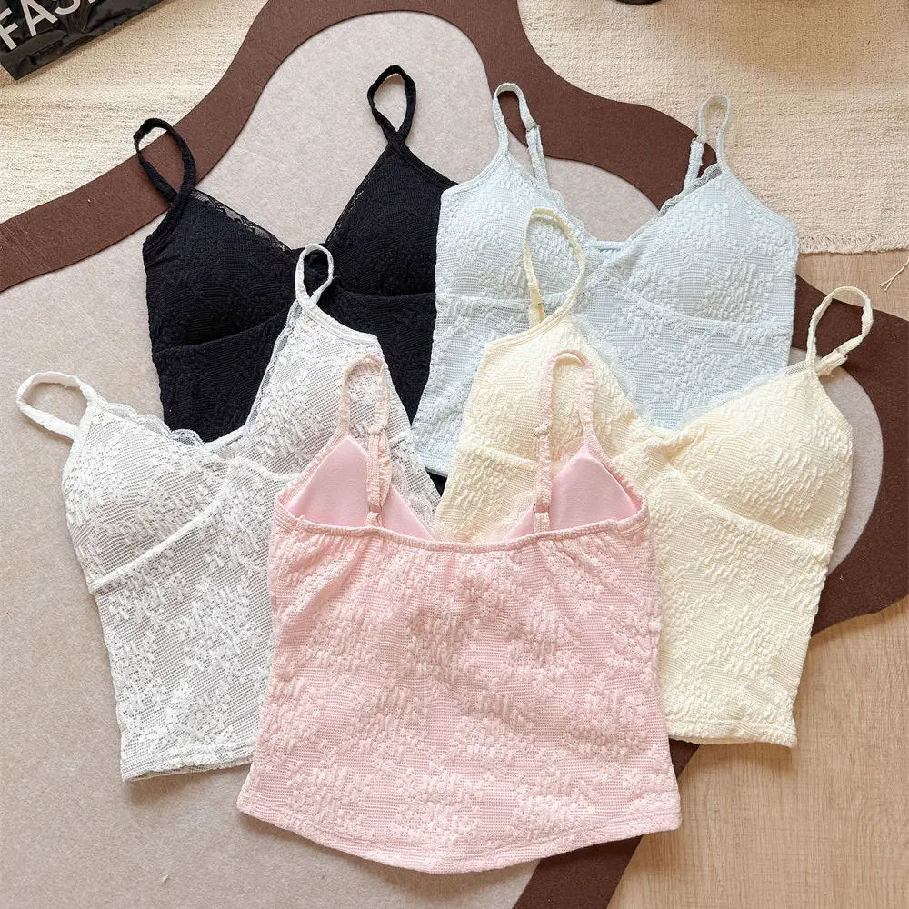 Summer New Sexy Lace V-neck Strap Vest Women Slimming Fixed Band Chest Pad Versatile Short Elastic Patchwork Pure Color