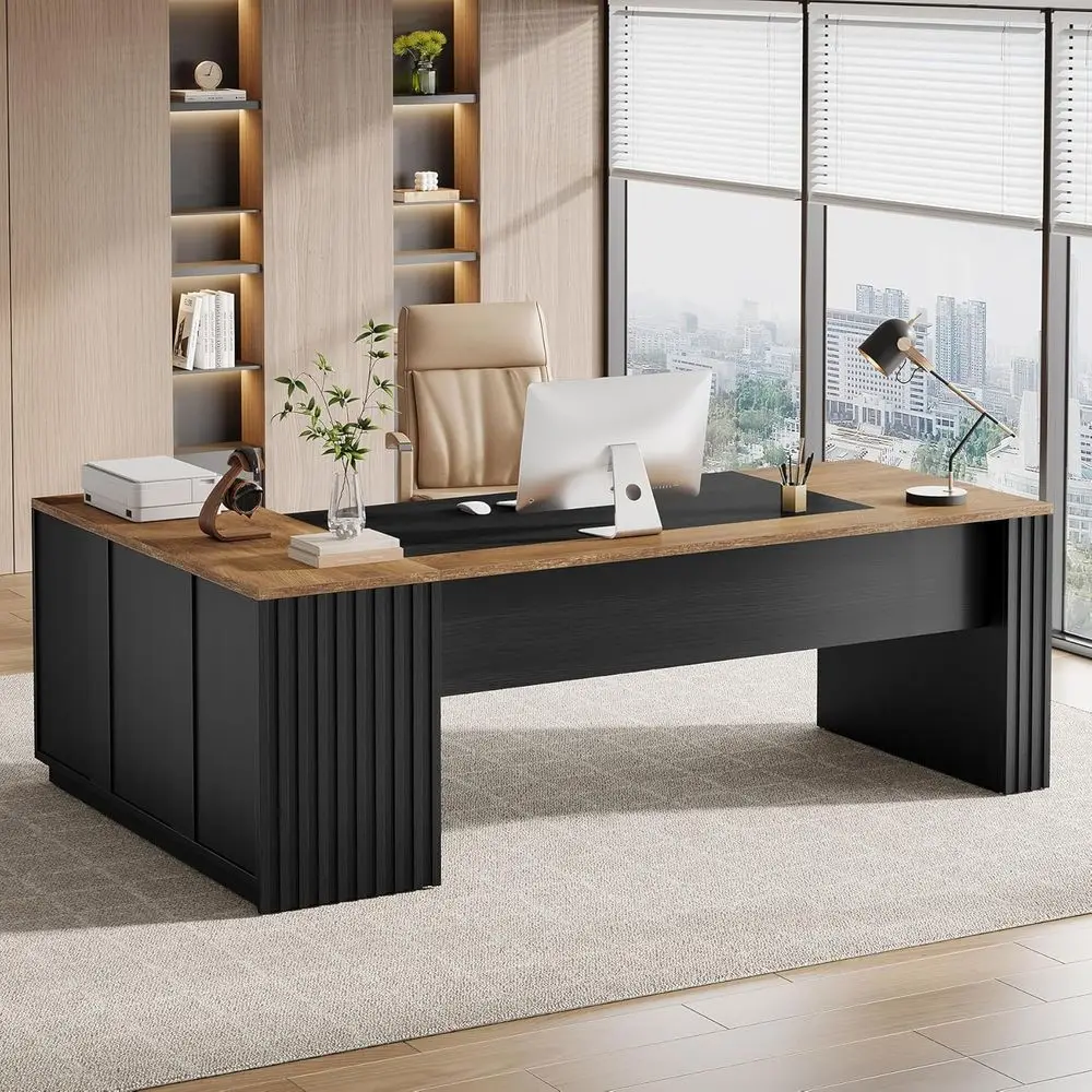 L-Shaped 78 Executive Desk with Storage, Modern Home Office Furniture Set in Brown/Black