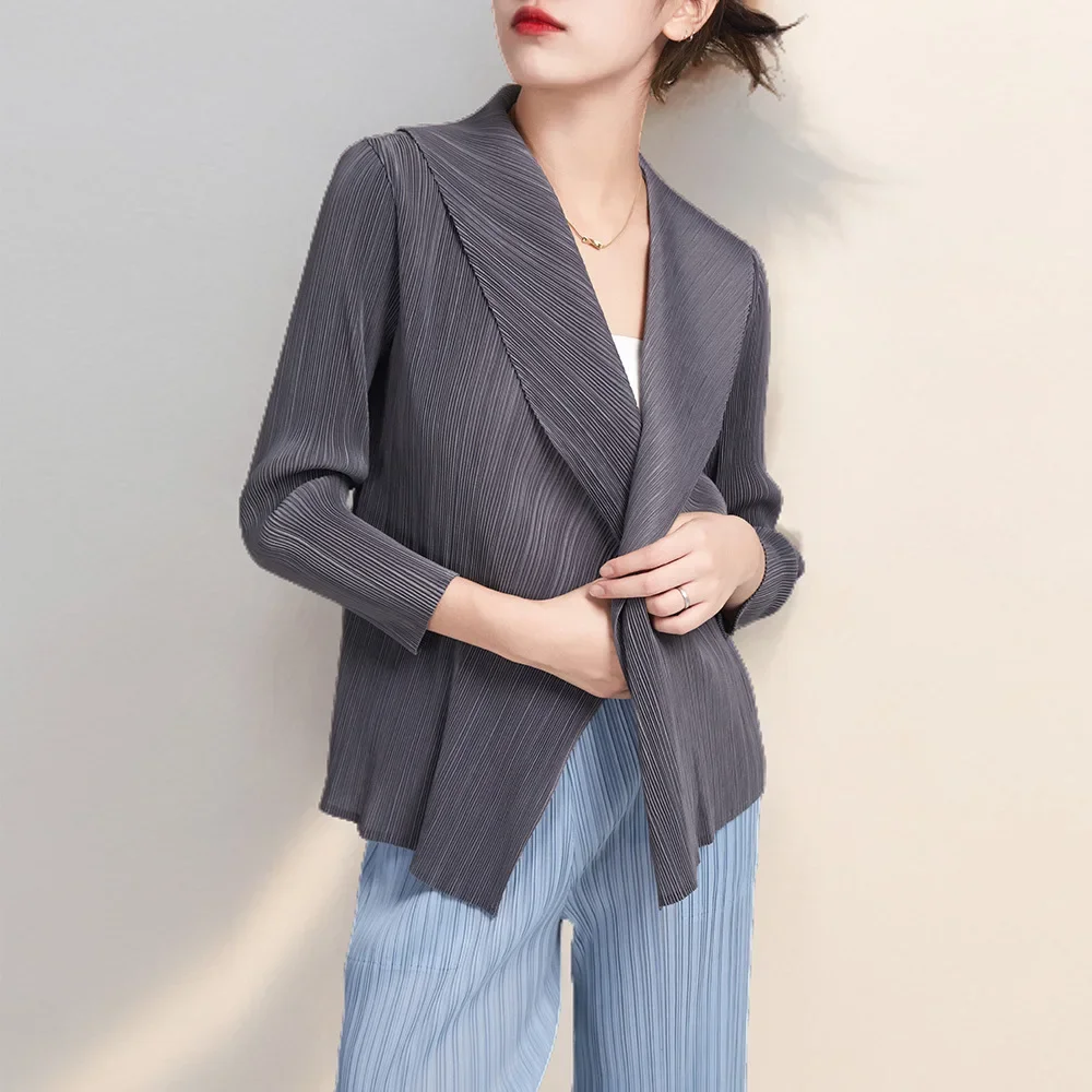 

Miyake Pleated Short Jacket 2025 Spring Summer Women's Casual Tops Flap Collar Loose Shopping Peplum Cardigan Tunic Tops