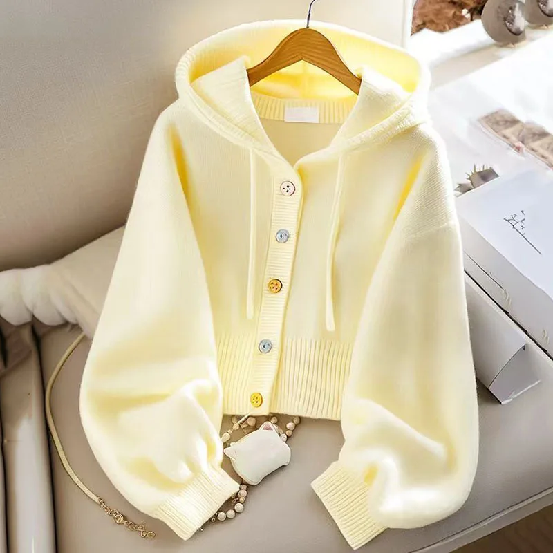 Autumn Winter Solid Knitted Cardigan Sweater Jacket Women New Korean Loose Ladies Single Breasted Hooded Sweater Coat Female Top