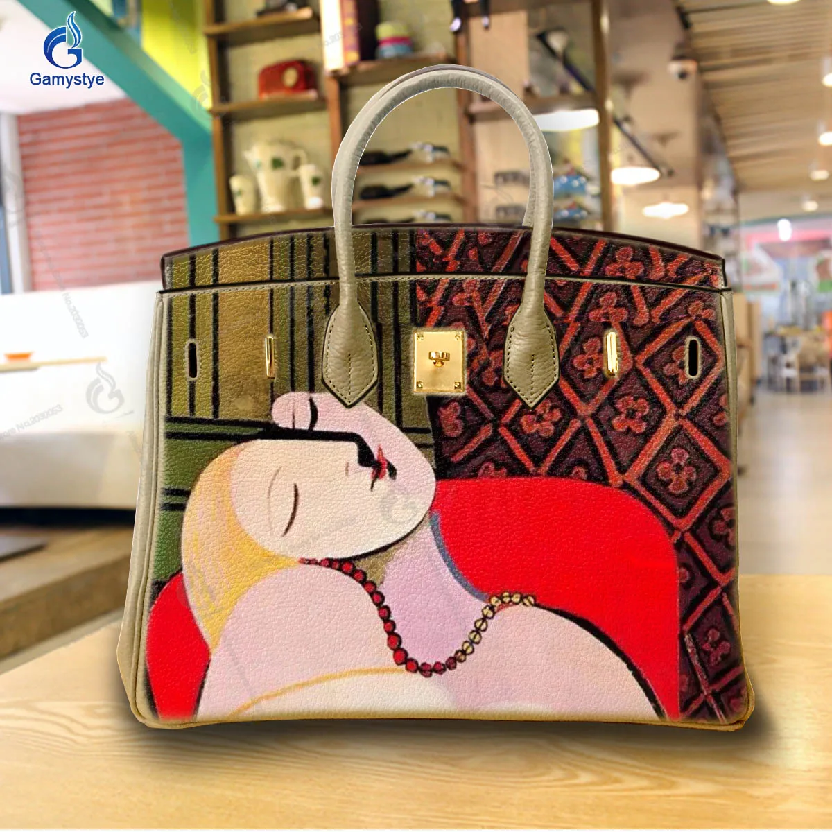 Art Hand-Painting A lady with yellow hair Customize Totes Ladies purses and handbags Messenger Clutch Totes Genuine Togo Leather