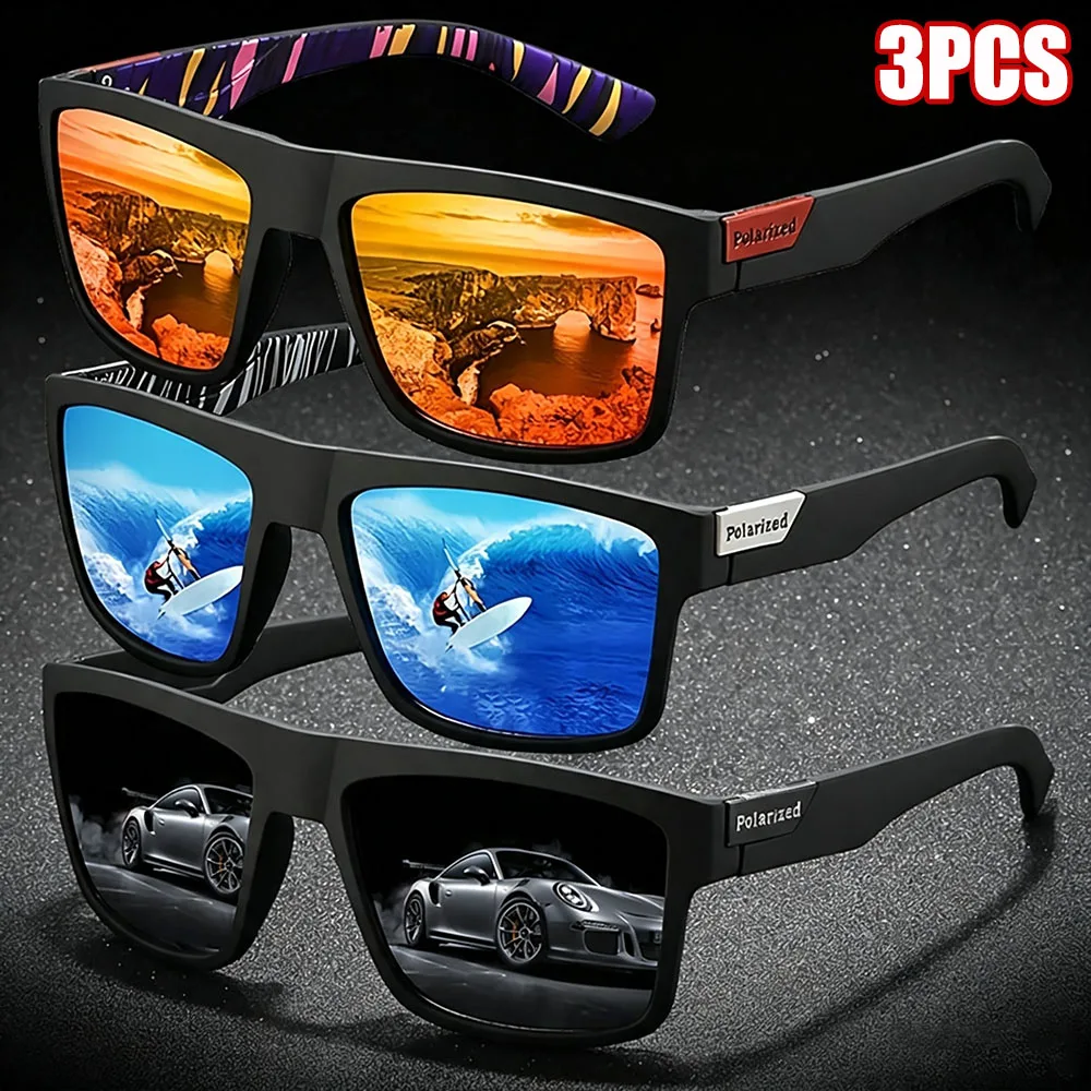 3PCS Fashion Vintage Square Polarized Sunglasses Men Women Driving Fishing Luxury Brand Designer Sun Glasses Driver's Eyewear