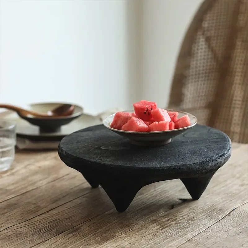 Black Dwarf Wood Flat Plate Solid Wood Decorative Tray Decoration Pieces Home Decor Wooden Bread Dinner Plate Tea Tray Round