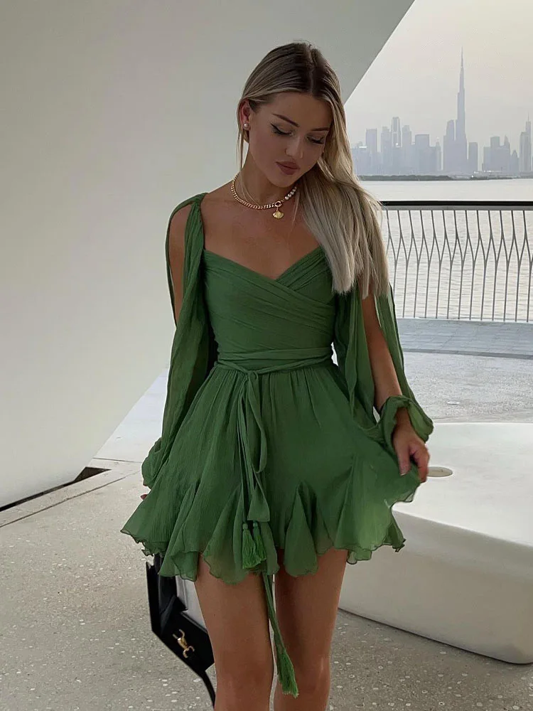 HH Female Chic Summer Chiffon Cut Out Backless Lace Up Mini Dress Woman Elegant Long Sleeve  Beach Vacation Dresses Mujer