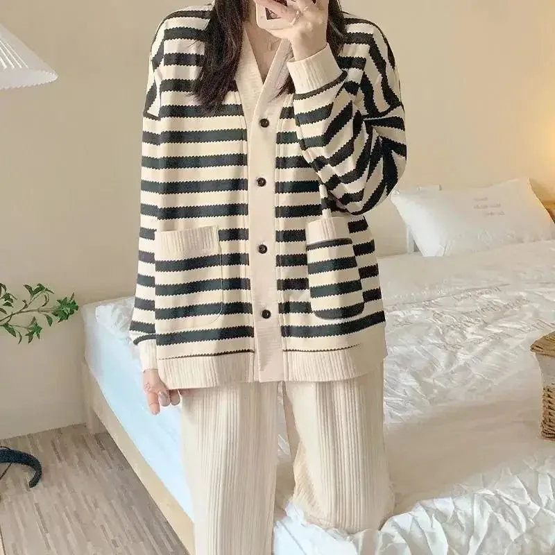 

Pajama Sets for Women Spring Homewear Sleep Female Night Suits Cozy Long Sleeve Striped V-neck Casual Sweet Fashion Korean Style