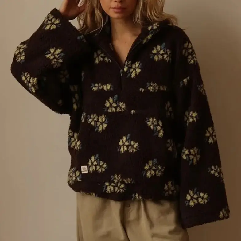 GC 2026 New Autumn Winter Women's Sherpa Floral Pullover Hoodies Half Zip Style Loose Fit Warm Stylish Sweatshirt