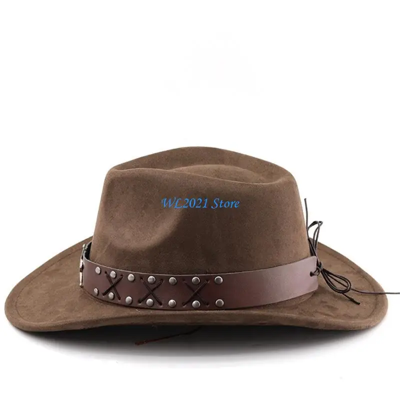 

G5GC Tibetan Fedoras Hat Rivet Belt Stage Hat Adult Unisex Theme Party Costume Hat
