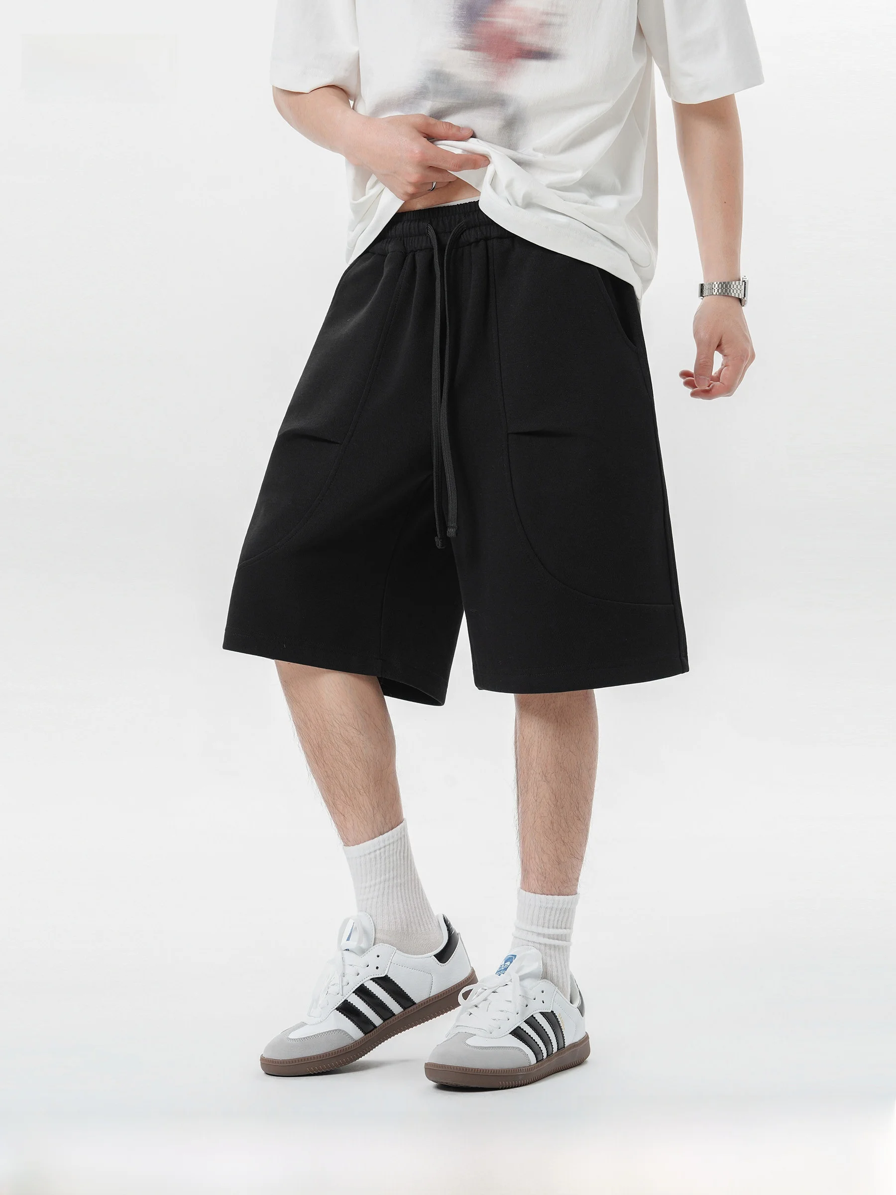 

DPX Casual Splice Men's Shorts Heavyweight Loose Fit Drawstring Five-Quarter Length Black Sporty Knitted Cotton Blend Shorts