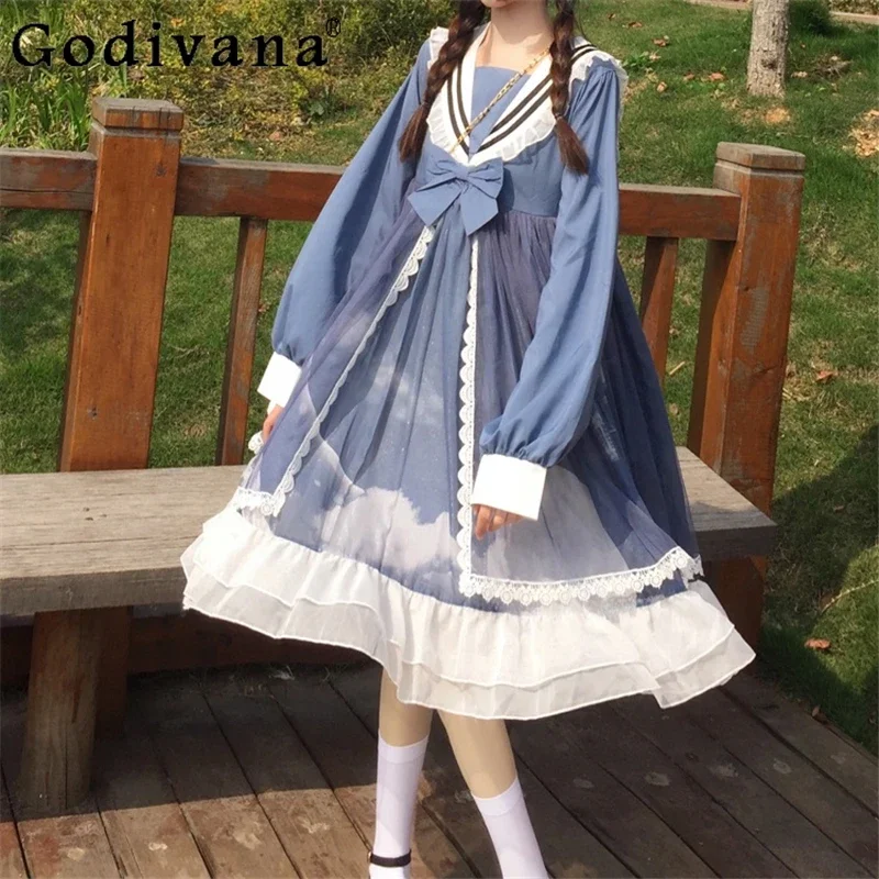 

Осеннее платье с длинным рукавом Op Female Sweet Cute Loose Slim Elegant Fashion Blue Princess Dress Женское платье средней длины Y2k Lolita Dress